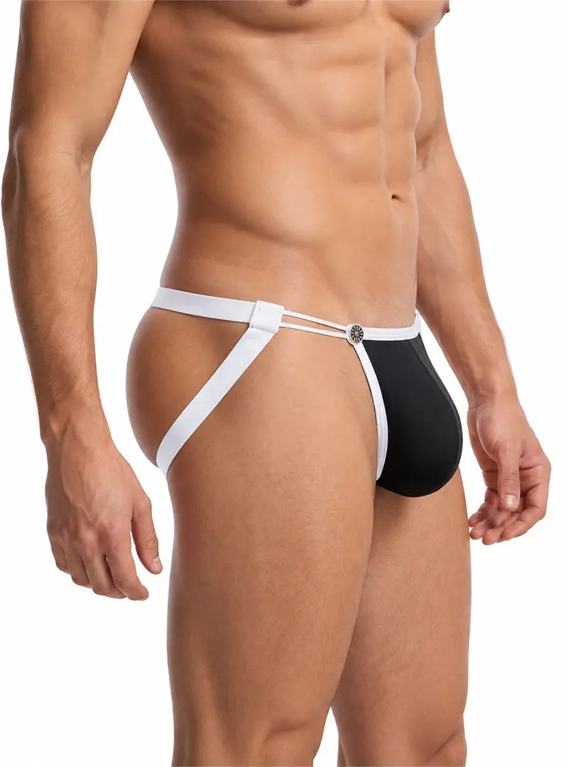 Black mesh strap jock with white accents featuring a snug fit and adjustable straps modeled by a man by Undergear