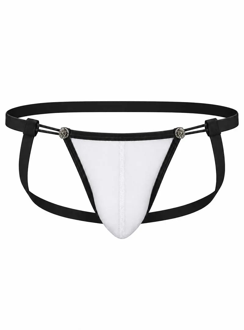 White mesh jockstrap with black straps and decorative metal accents designed by Undergear