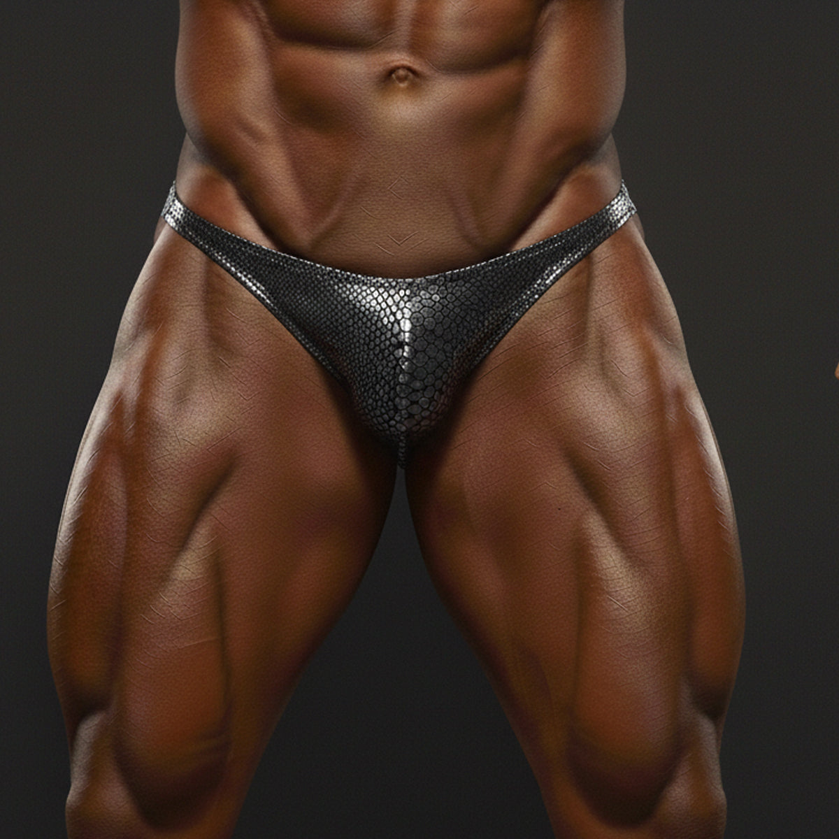 Shiny black snakeskin patterned athletic briefs from metromalewear posingwear metallic snake posing suit showing front side