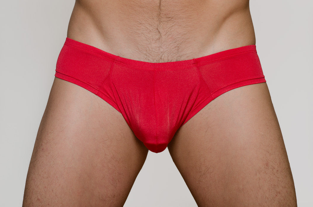 Red metro bunz low-rise boxer briefs made of stretchy fabric with form-fitting design