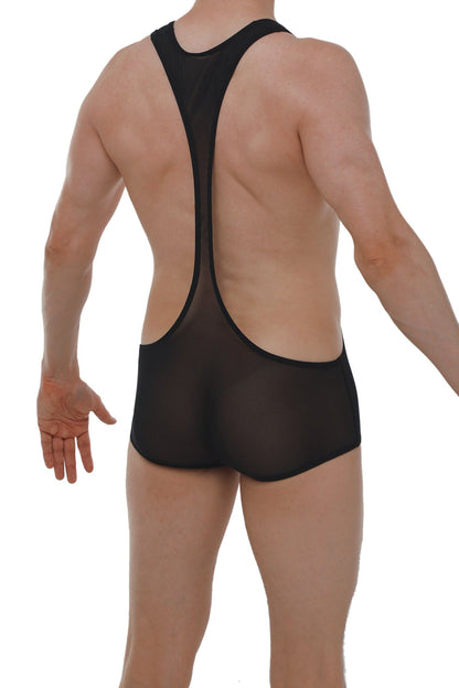 Back view of a black mini singlet net wrestling singlet made of mesh with racerback and lower back cutout