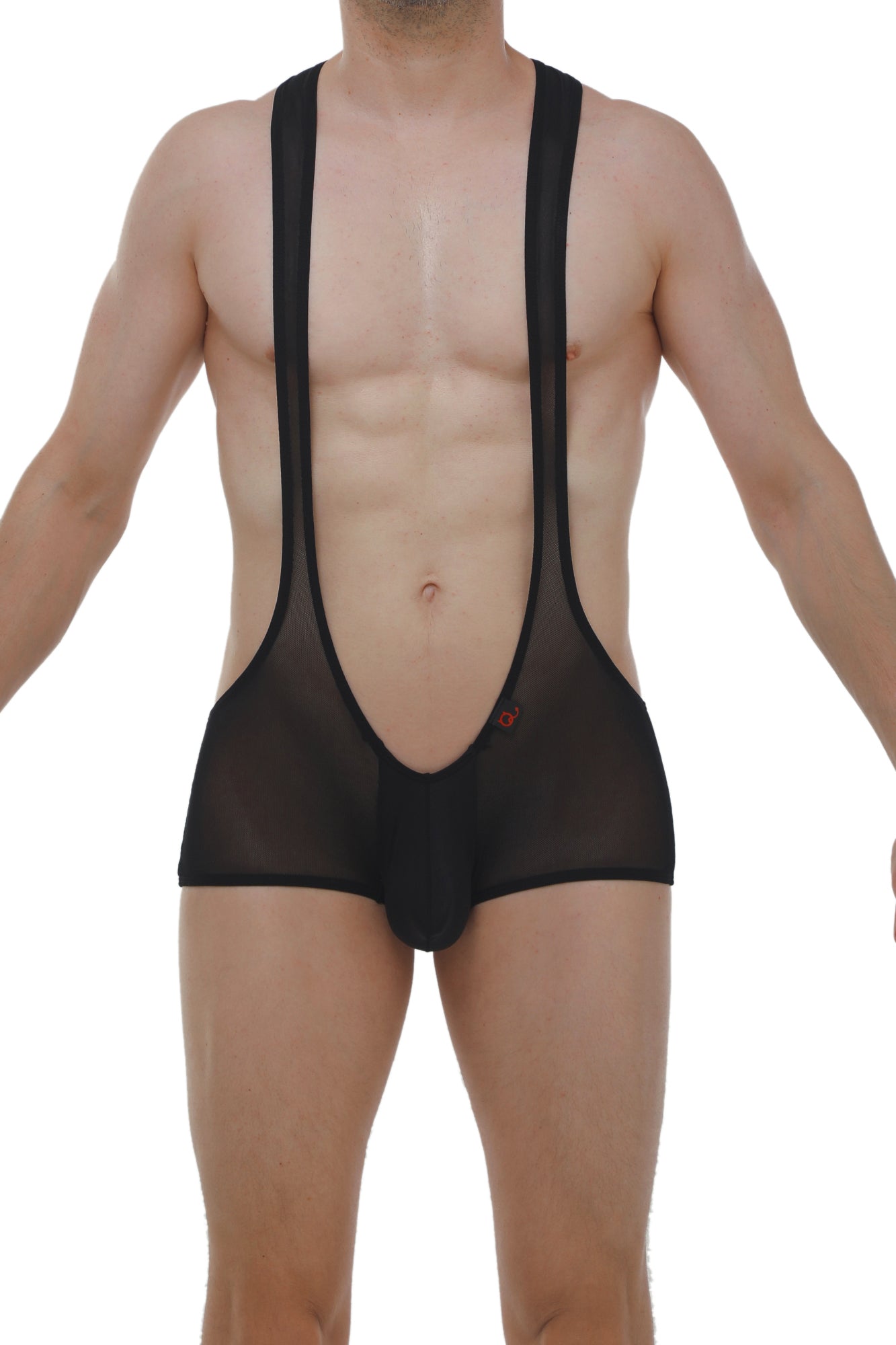 Mini singlet net black with black sheer mesh suspenders low cut front and solid black trim for stylish wear