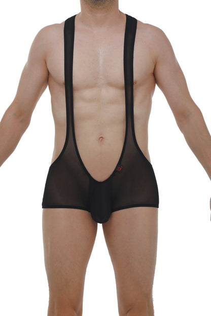 Mini singlet net black with black sheer mesh suspenders low cut front and solid black trim for stylish wear