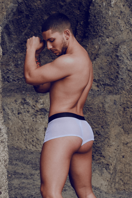 Mob fisnet boxer white mesh briefs with black elastic waistband designed for breathable comfort