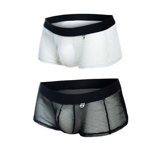 Mob fisnet boxer white and black mesh briefs with a solid elastic waistband designed for comfort and breathability