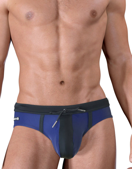 Blue and black Moby Big Boy Pouch swim trunks with drawstring waistband designed for comfortable swimming