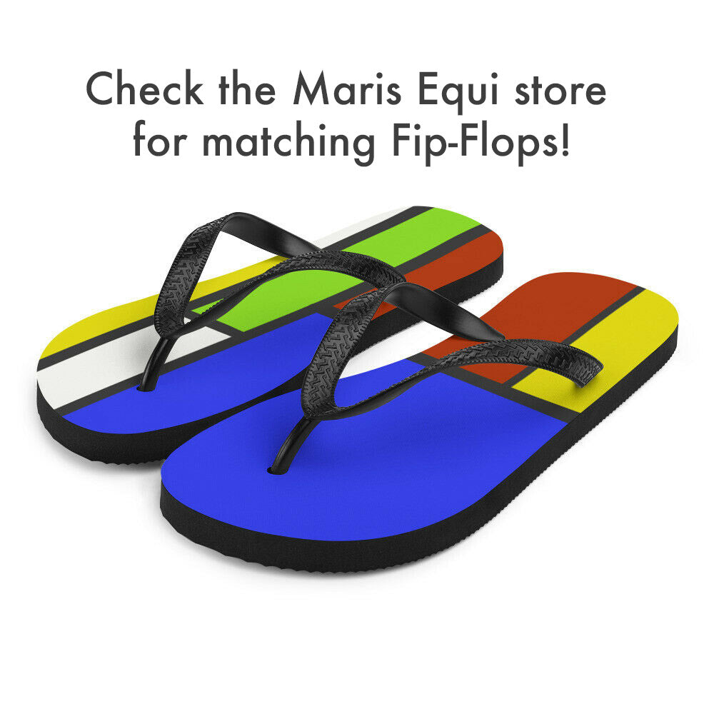 Colorful flip-flops featuring a blue base with black straps designed by Maris Equi showcasing a vibrant geometric pattern.