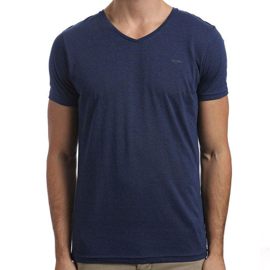 Navy blue v neck cotton t shirt with subtle textured fabric and small embroidered logo on left chest size s