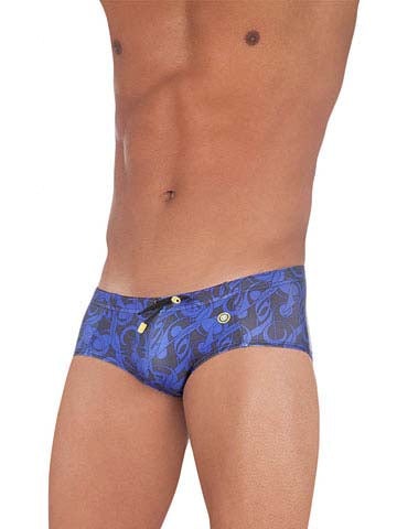 Blue patterned swim trunks with black floral design and gold-tone buttons from mundo unico musica nota bikini swimwear size m