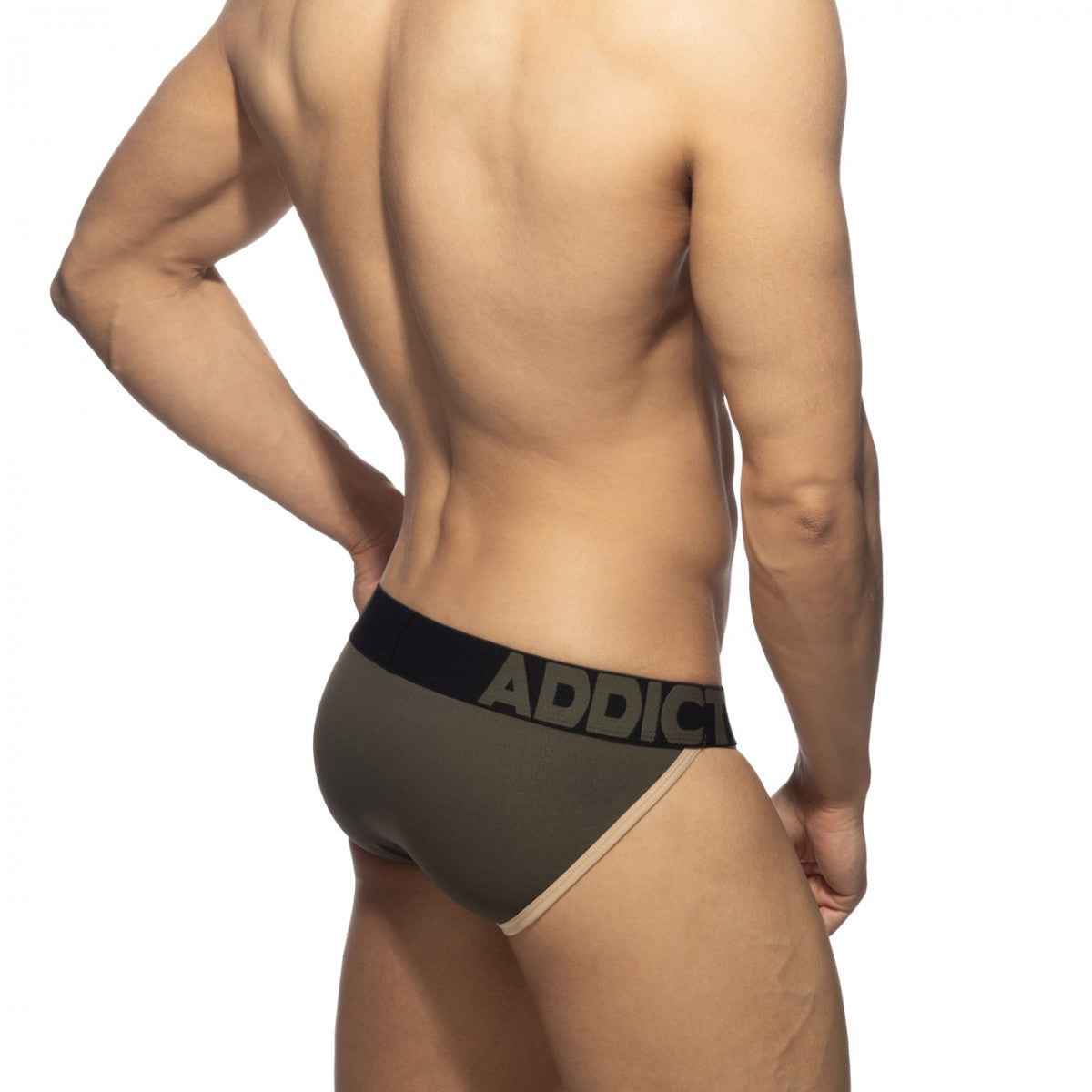 Olive green naked feeling bikini brief with black waistband featuring bold gray addict lettering