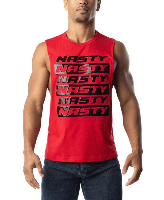 Red sleeveless muscle tank top with bold black nasty text repeated in stacked rows across the chest