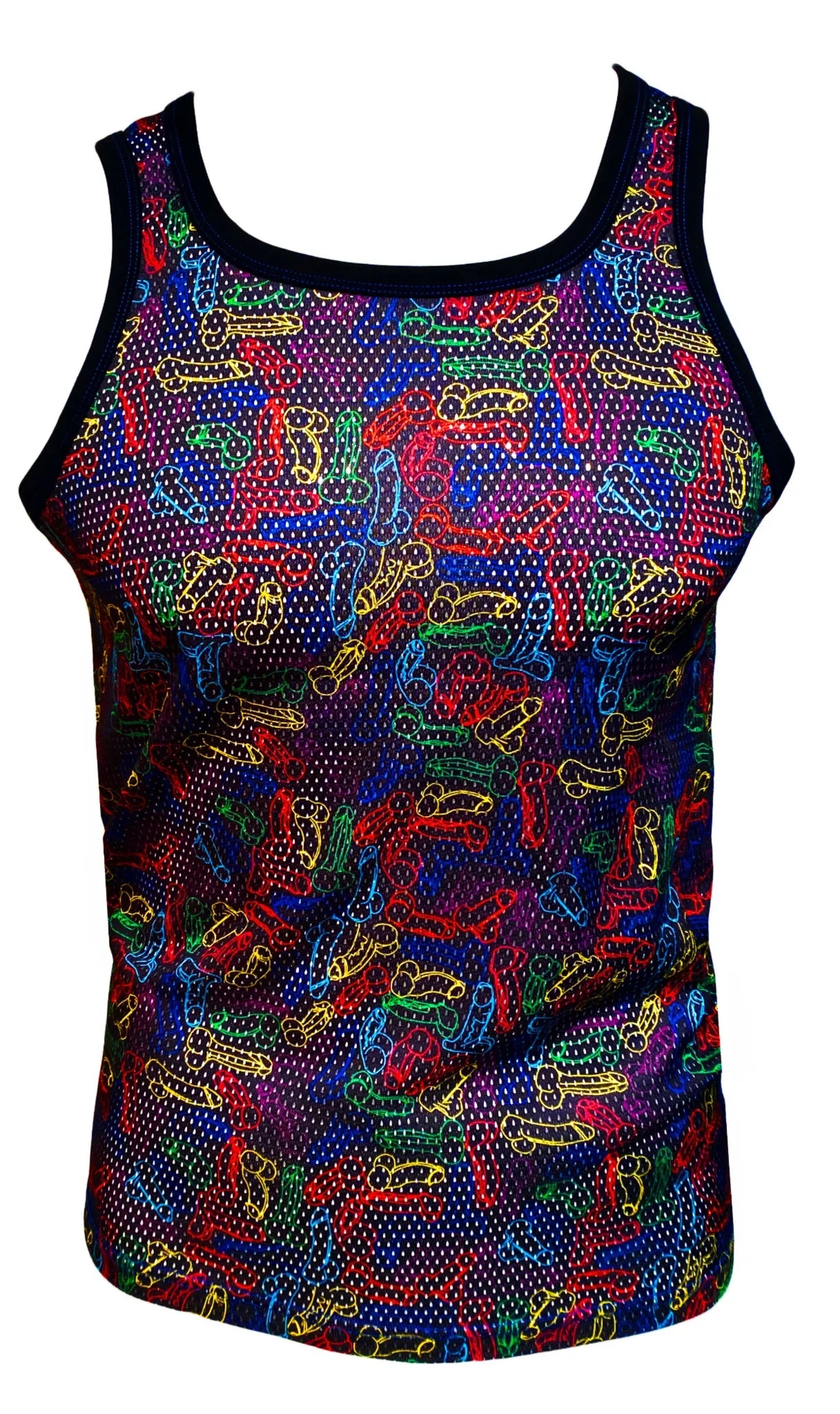 Neon cocks tank top vibrant multicolored mesh fabric with bold neon bone pattern on dark background
