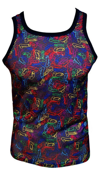 Neon cocks tank top vibrant multicolored mesh fabric with bold neon bone pattern on dark background