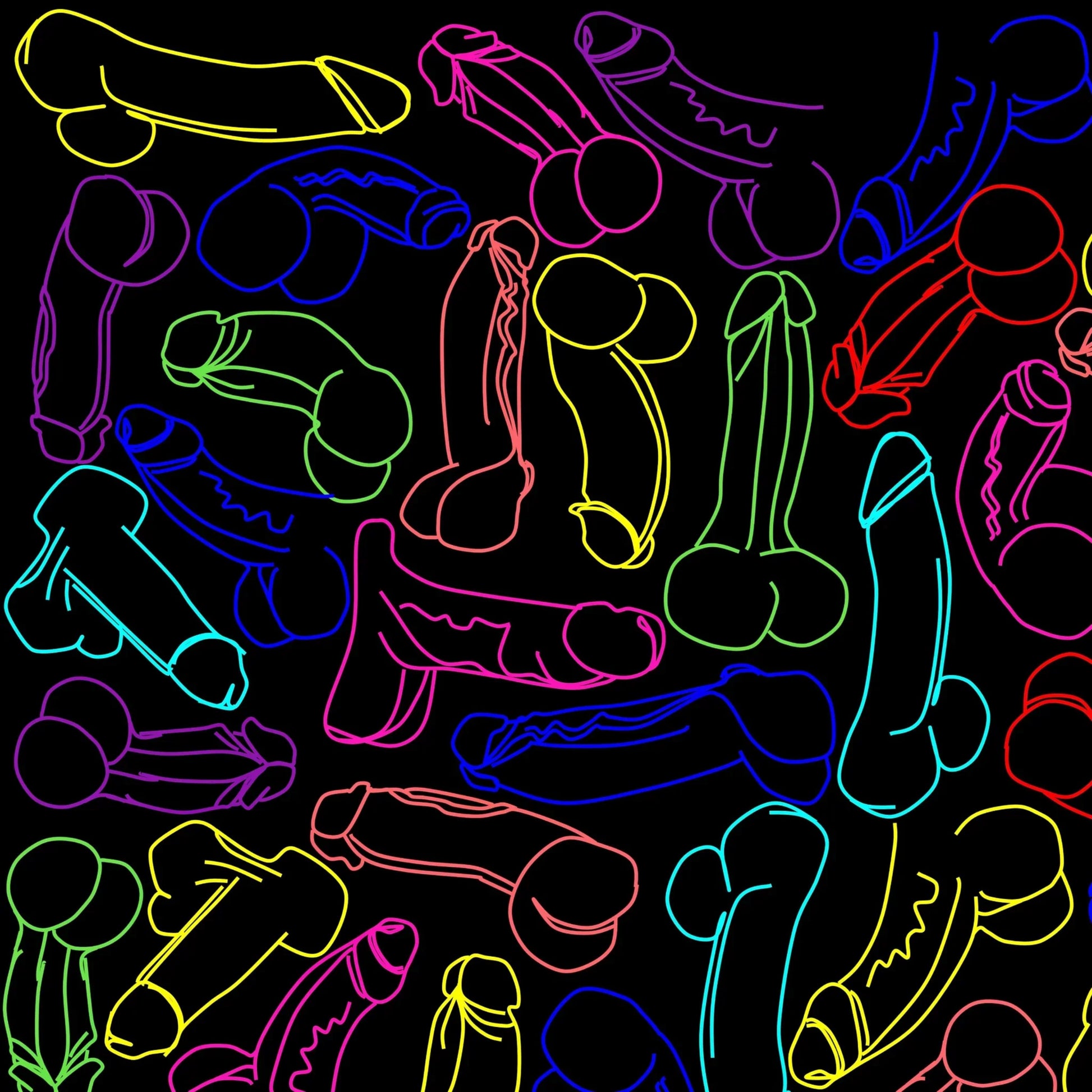 Neon cocks tank top featuring neon-colored outlined male genitalia patterns on a black background front view