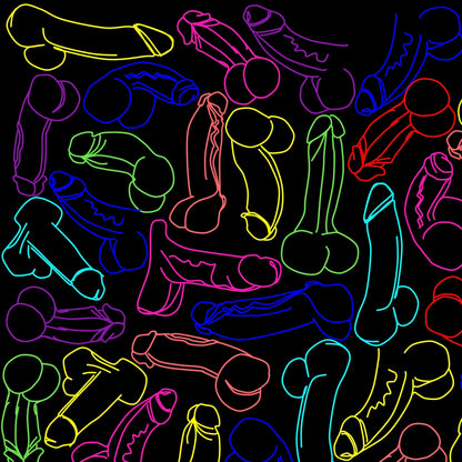 Neon cocks tank top featuring neon-colored outlined male genitalia patterns on a black background front view