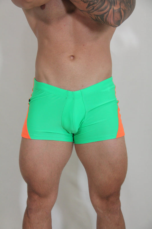 Neon curved sq cut trunk vibrant neon green and orange athletic briefs with sleek form-fitting design