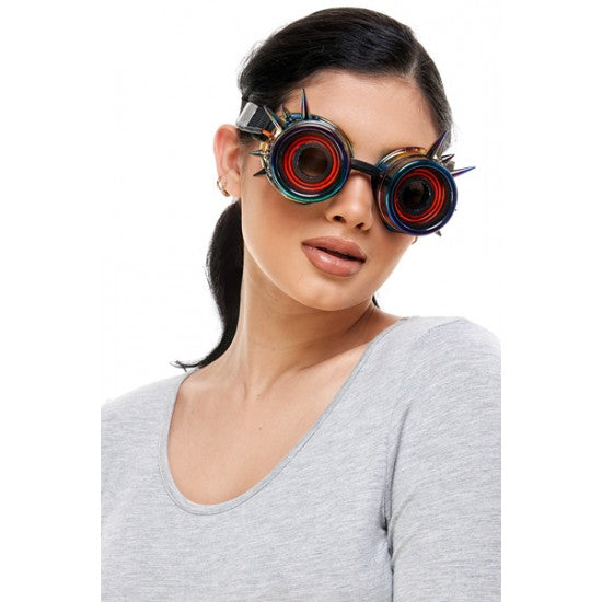 Neon light up goggles with red and black circular lenses and metallic steampunk frames adorned with sharp spikes