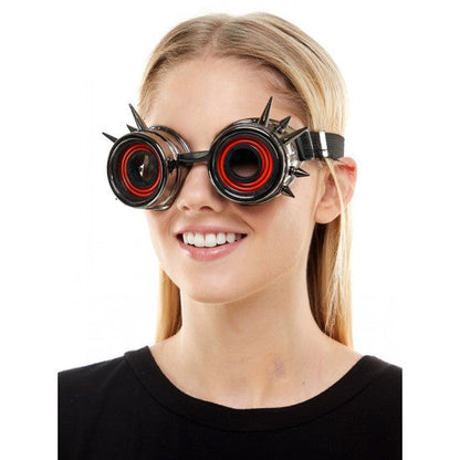 Black spiked steampunk neon light up goggles with red circular lenses designed for cosplay and costume use