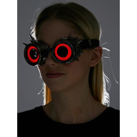 Black spiked neon light up goggles with glowing red circular lights for cosplay or rave events