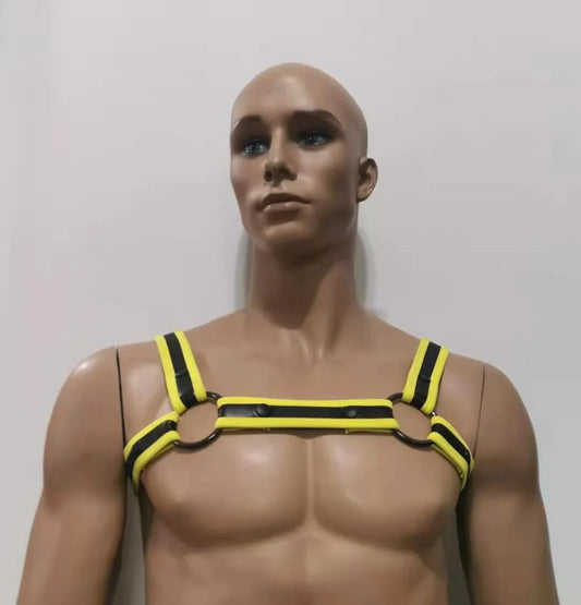 Yellow and black striped leather neoprene bulldog harness with metal rings for durable secure dog restraint