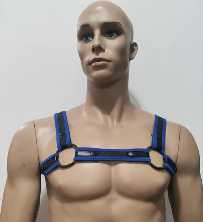 Blue and black leather neoprene bulldog harness with circular metal rings for secure and stylish pet control