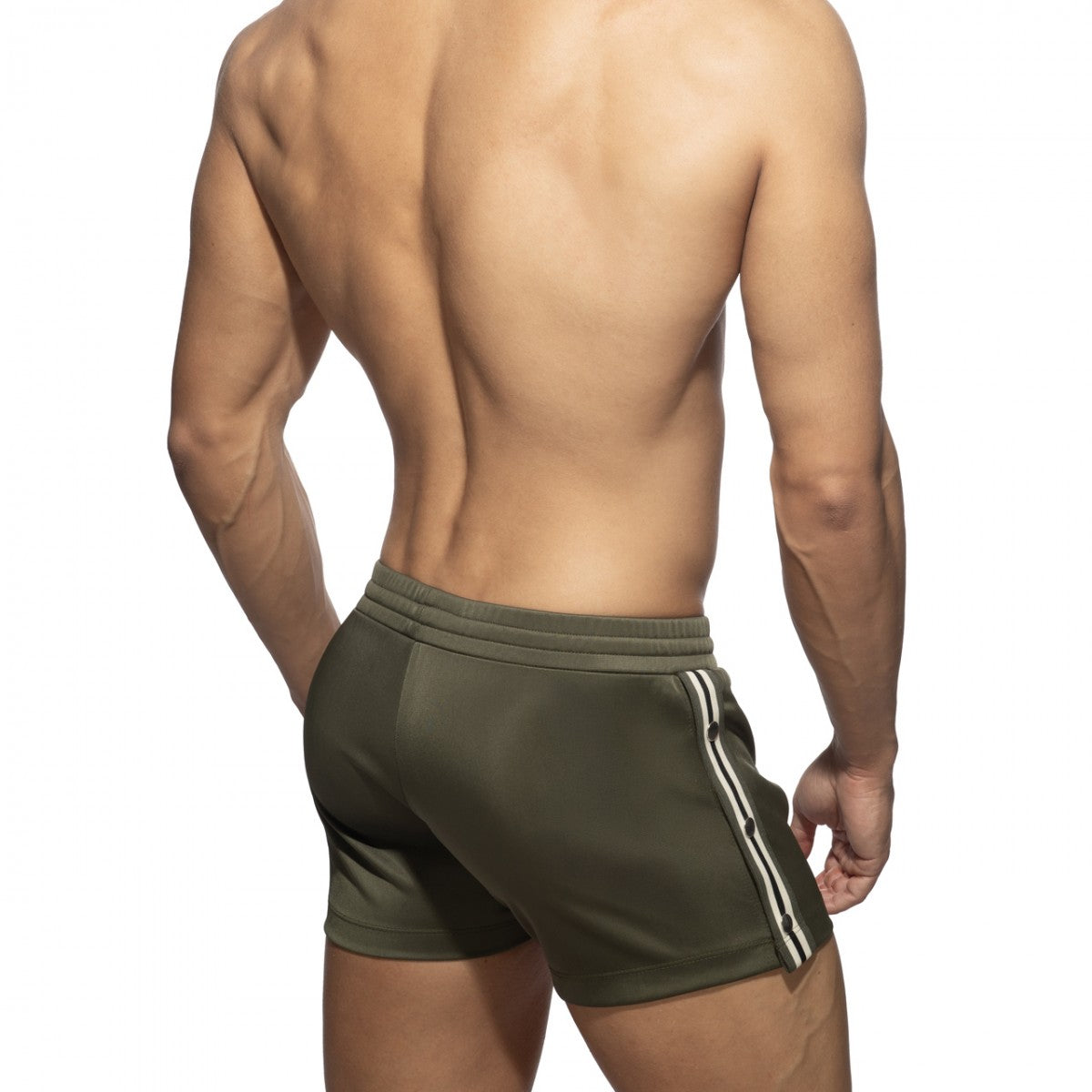 Nexus button shorts olive green athletic shorts with white side stripes and ribbed waistband for active wear