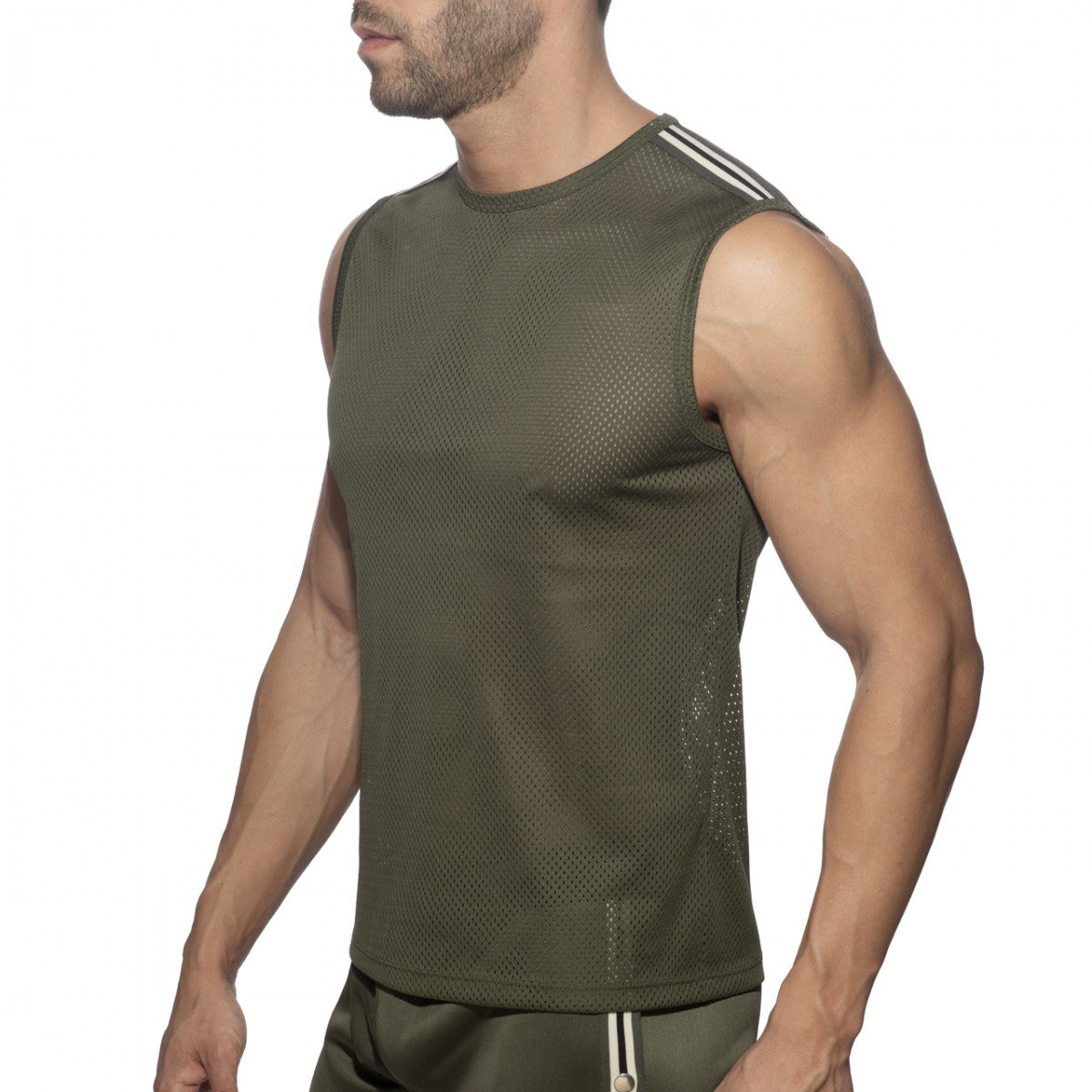 Olive green nexus mesh tank top with sleeveless design and three white stripes on shoulder for athletic wear