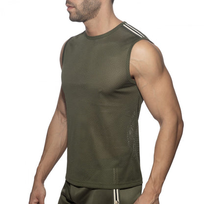 Olive green nexus mesh tank top with sleeveless design and three white stripes on shoulder for athletic wear
