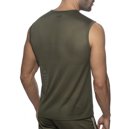 Nexus mesh tank top olive green sleeveless athletic top with round neckline and breathable perforated fabric