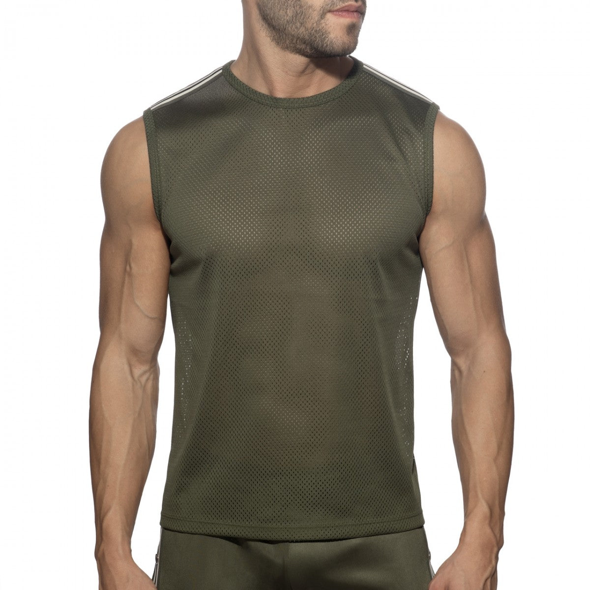 Nexus mesh tank top olive green sleeveless athletic top with white shoulder stripes made of breathable mesh material