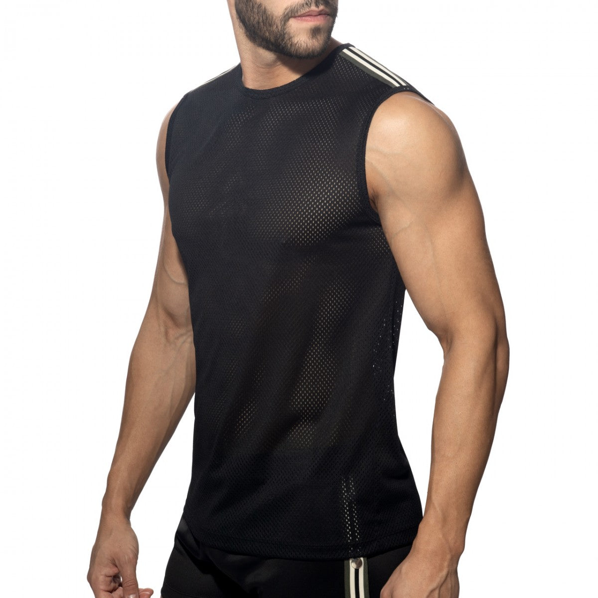 Black mesh sleeveless athletic tank top with three white stripes on shoulder designed for active wear
