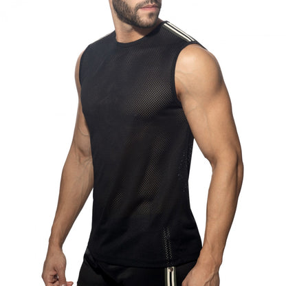 Black mesh sleeveless athletic tank top with three white stripes on shoulder designed for active wear