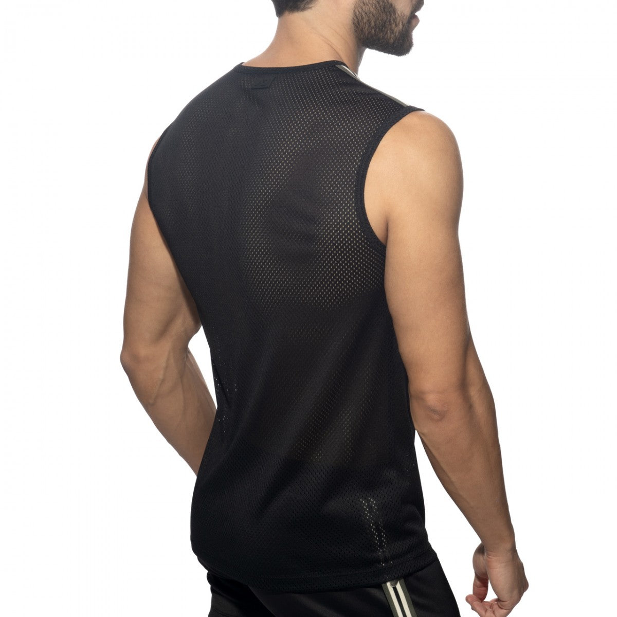 Black mesh sleeveless athletic top with breathable perforated back panel shown from the back in nexus mesh tank top