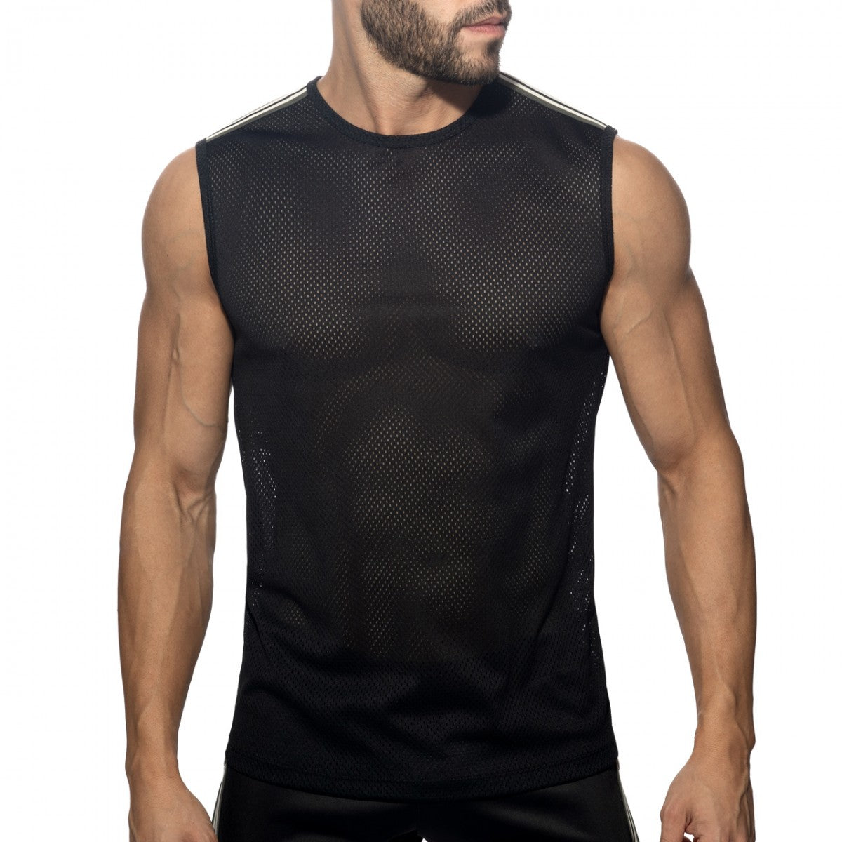 Nexus mesh tank top black sleeveless athletic top with mesh fabric and white stripes along the shoulders