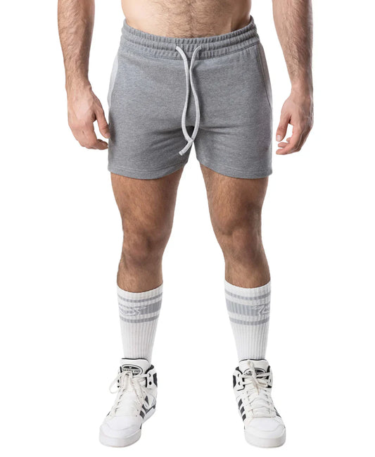 Gray heathered nexus rugby short sweatshorts with drawstring waistband and side pockets for casual comfort