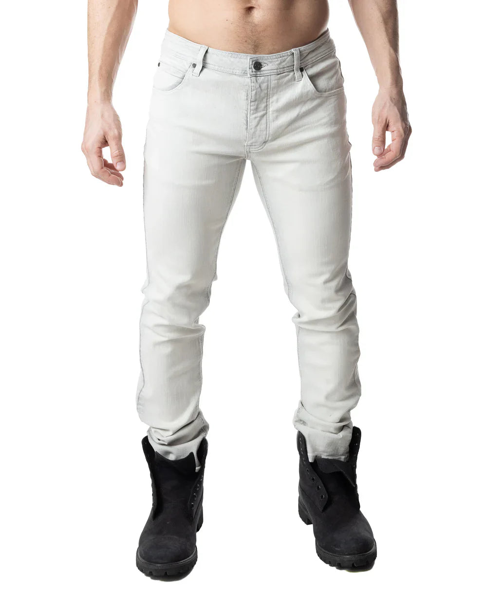 Light gray slim-fit denim jeans with rolled cuffs and classic five-pocket design in bleached style