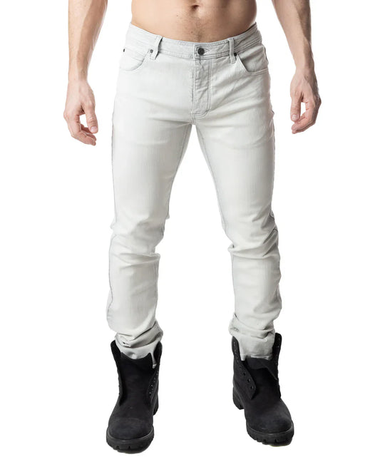 Light gray slim-fit denim jeans with rolled cuffs and classic five-pocket design in bleached style