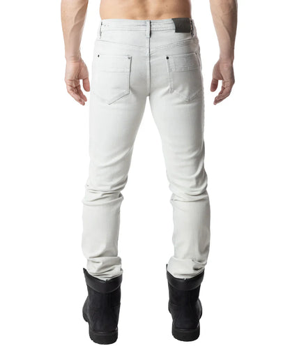 Light gray slim-fit denim jeans with subtle faded wash and black leather belt loop from NP Jean bleached collection