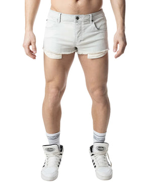Bleached denim shorts with frayed hems and hanging pocket liners, worn with white high-top sneakers.