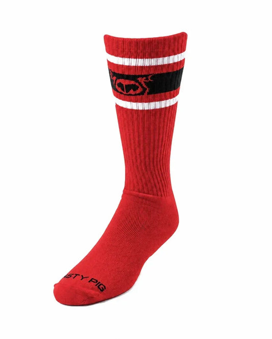 Red knee-high sock with black and white stripes featuring the Nasty Pig logo on the foot made from a comfortable material
