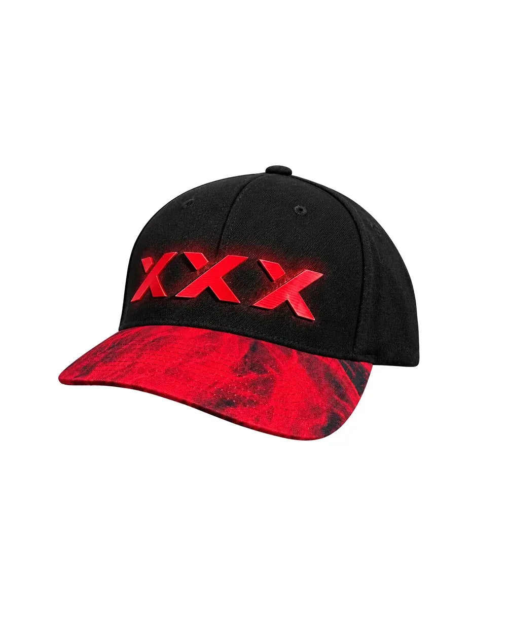 Black cap with red flame-patterned brim and bold 'XXX' logo designed by Nasty Pig