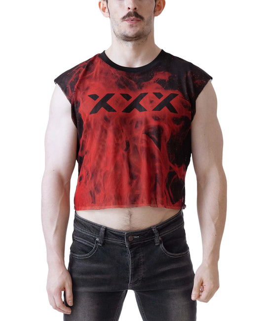 Red sleeveless crop top with flame design and black graphic worn by a model by Nasty Pig
