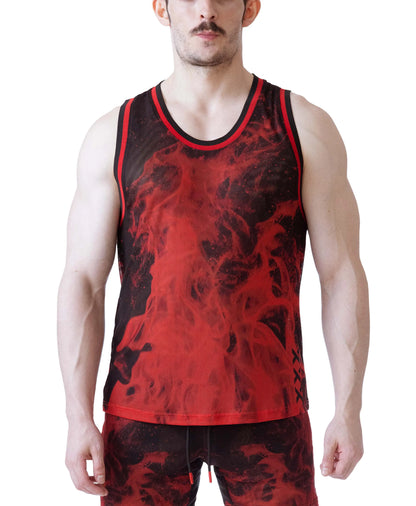 Model wearing a red and black tank top with a flame design featuring a scoop neck and contrasting trim by Nasty Pig