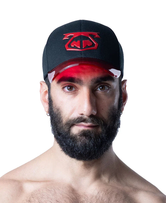 Black baseball cap with red embroidered front logo and translucent red brim.