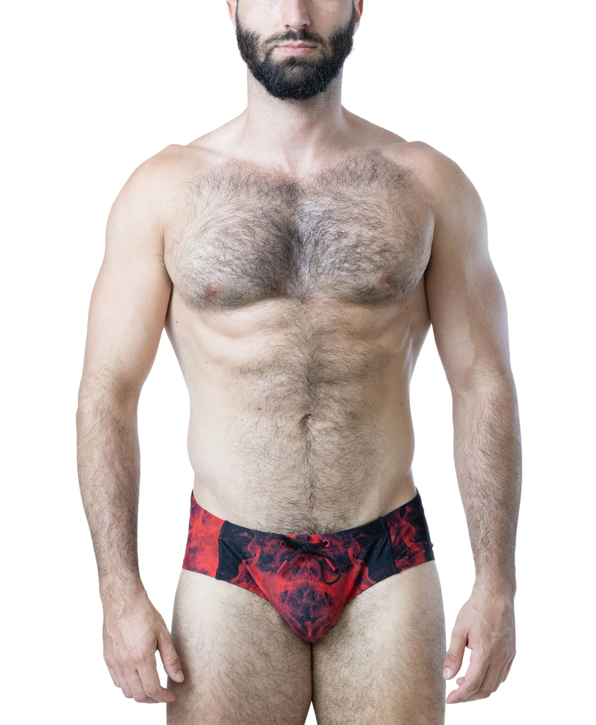 Red and black bikini swimwear with a flame pattern worn by a model with a muscular build from Nasty Pig