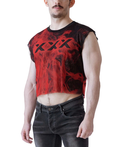 Sleeveless crop top in red and black with flame design featuring bold 'XXX' graphic worn by a model by Nasty Pig