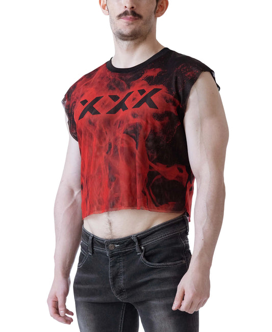 Sleeveless crop top in red and black with flame design featuring bold 'XXX' graphic worn by a model by Nasty Pig