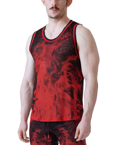 Model wearing a red and black tank top with a flame design featuring a round neckline and contrasting trim by Nasty Pig