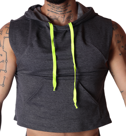 Front view of gray cotton Gigo Nafts hoody t-shirt with neon yellow drawstrings and front pocket.