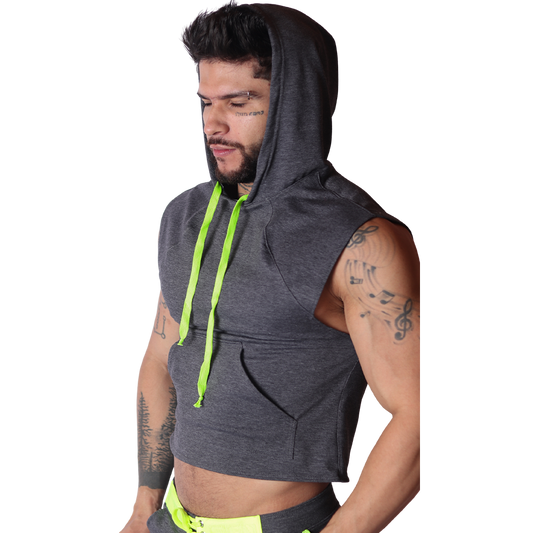 Side view of Gigo Nafts charcoal gray jersey crop hoody t-shirt with neon yellow drawstrings and front pocket.